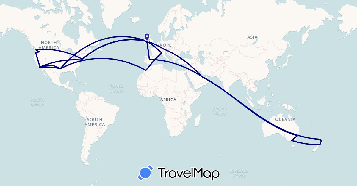 TravelMap itinerary: driving in Australia, Germany, Spain, United Kingdom, Ireland, Italy, Morocco, New Zealand, Qatar, United States (Africa, Asia, Europe, North America, Oceania)